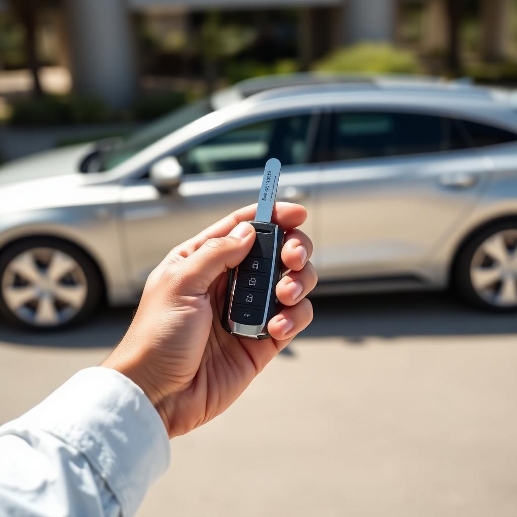 Hand holding a car key fob in front of a car