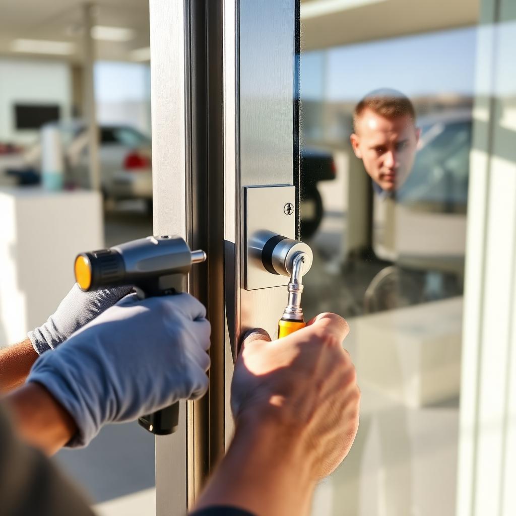 Locksmith working on a commercial glass door lock