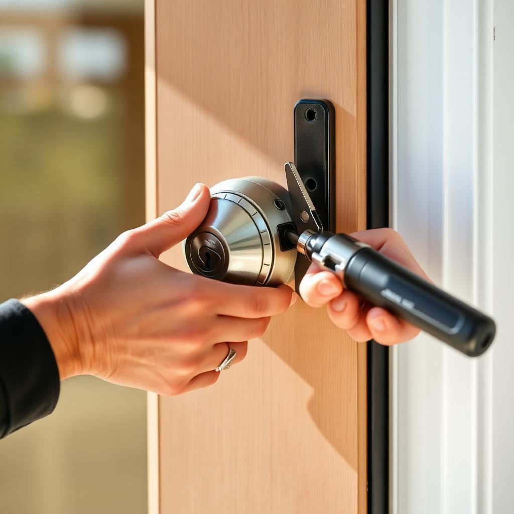 Locksmith installing a deadbolt on a residential door